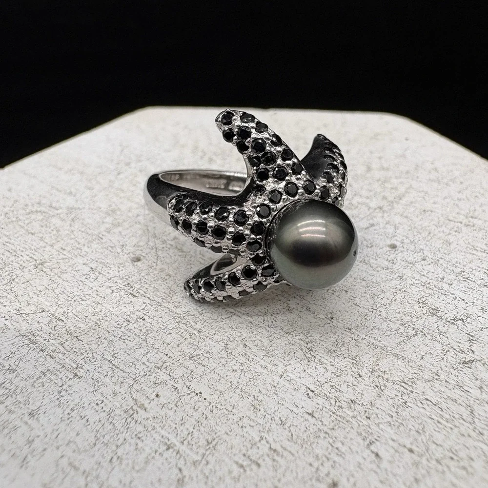 Ww Starfish Ring Women 7.5 Silver Excellent Black Spinel Pearl Statement 925